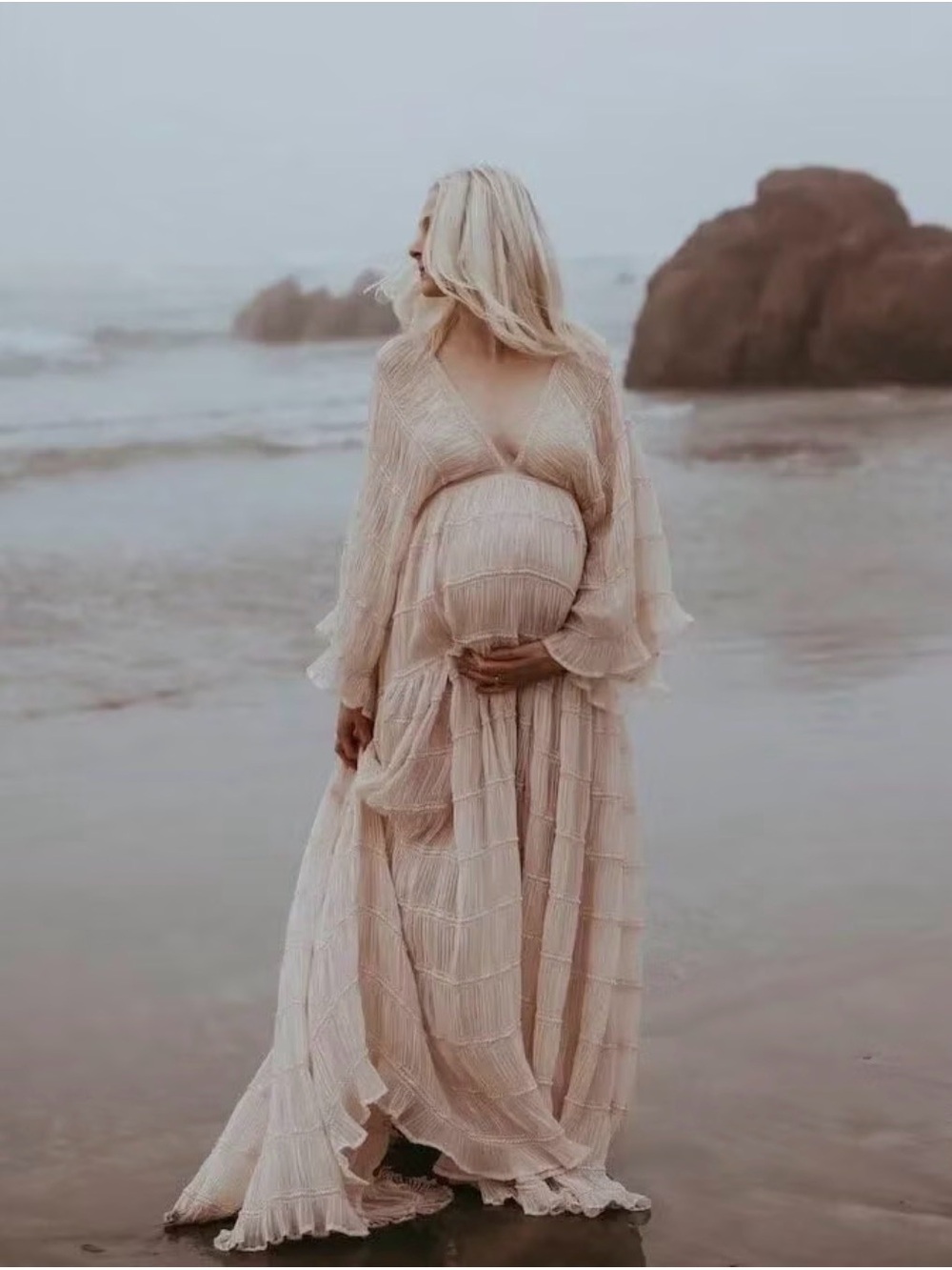Elegant Flowing Cream Maternity Dress